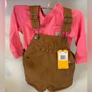 Carhartt tan Overall shorts with Pink onesie Set - size 12mo